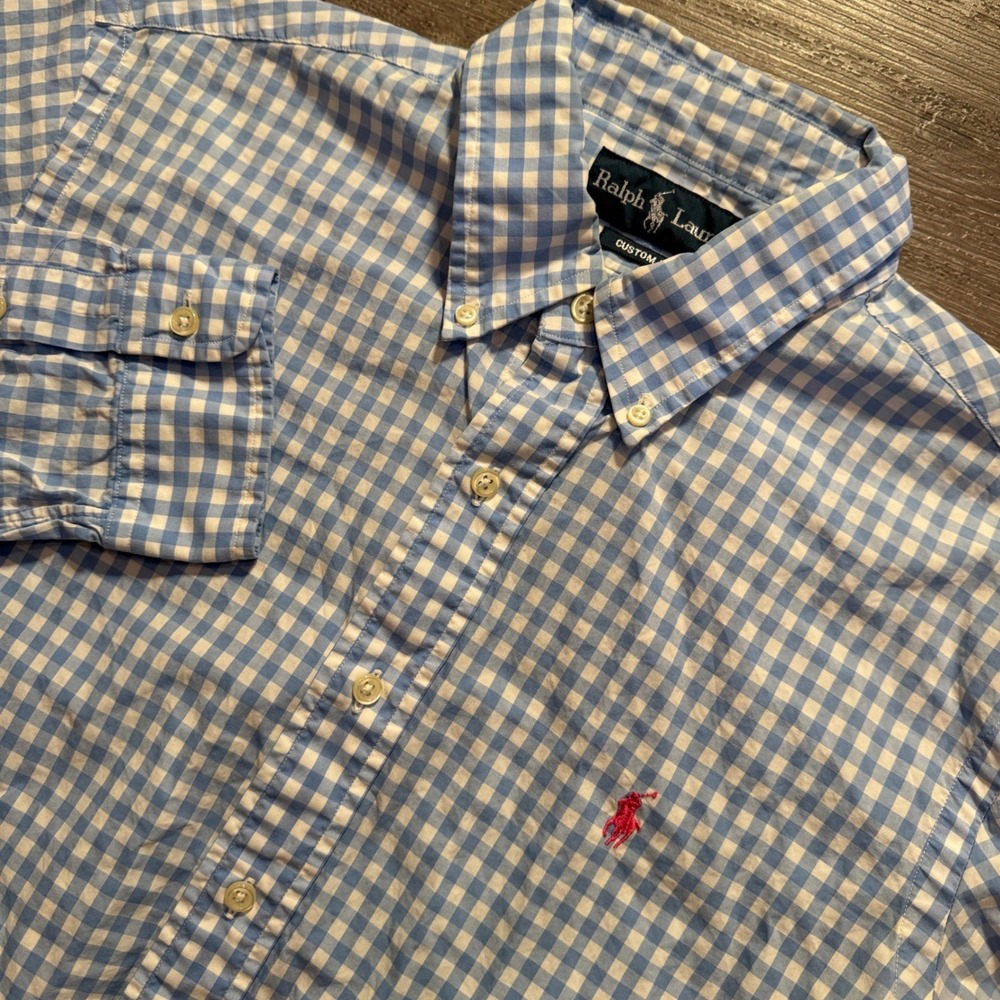 Ralph Lauren Shirt Mens L Blue Gingham Cotton Custom Fit Long Sleeve Pony Logo